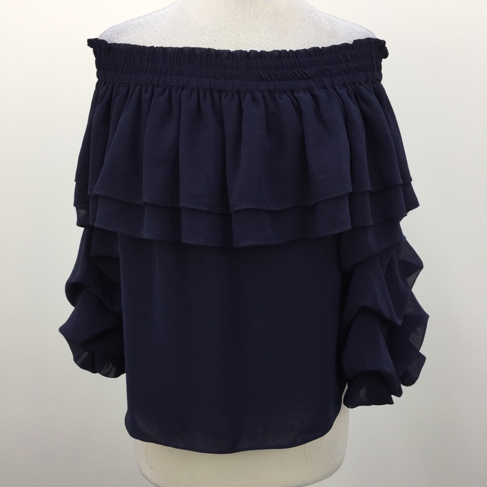 Misa Los Angeles Navy Layered off the Shoulder Top